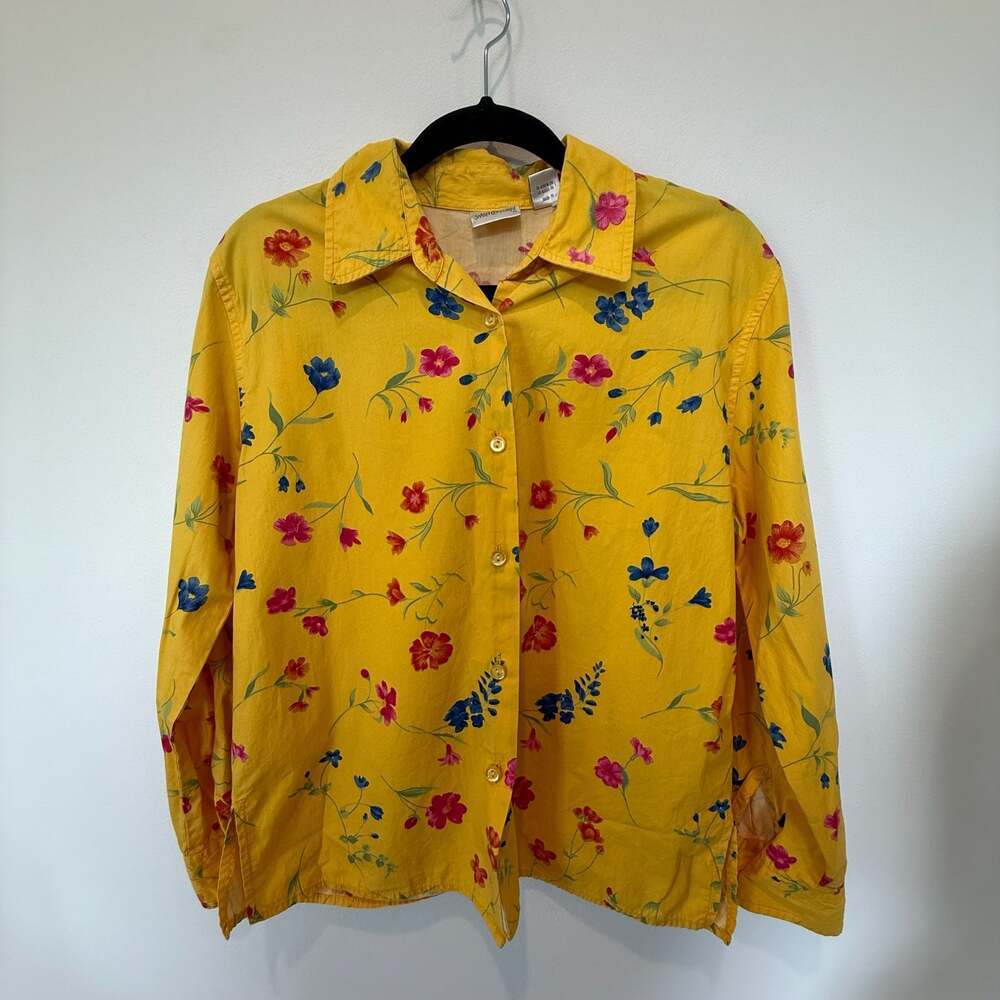 Vintage Sarah Chapman Yellow Floral Button Down Shirt Size 6 90s Cottagecore